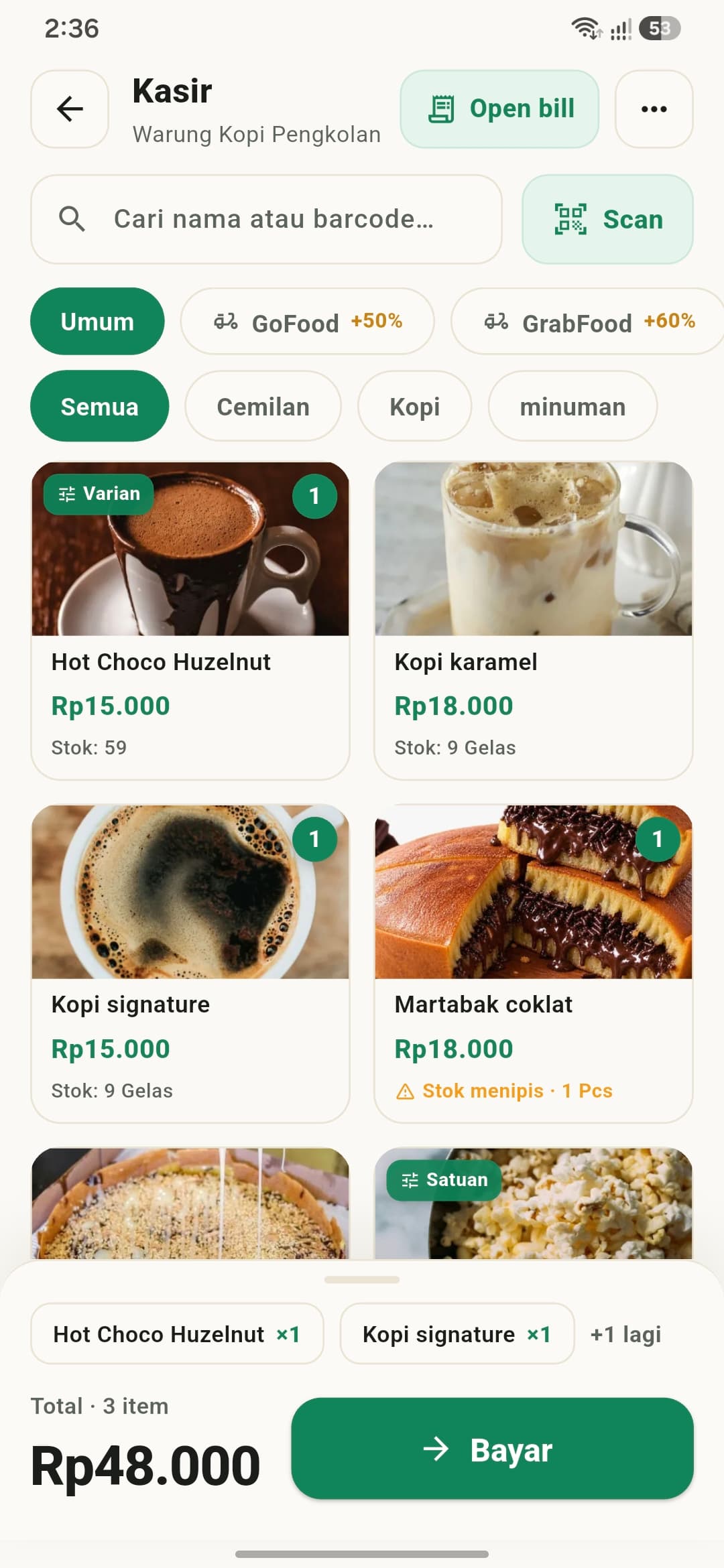 Layar Kasir Bati di HP: daftar produk, keranjang, dan tombol bayar