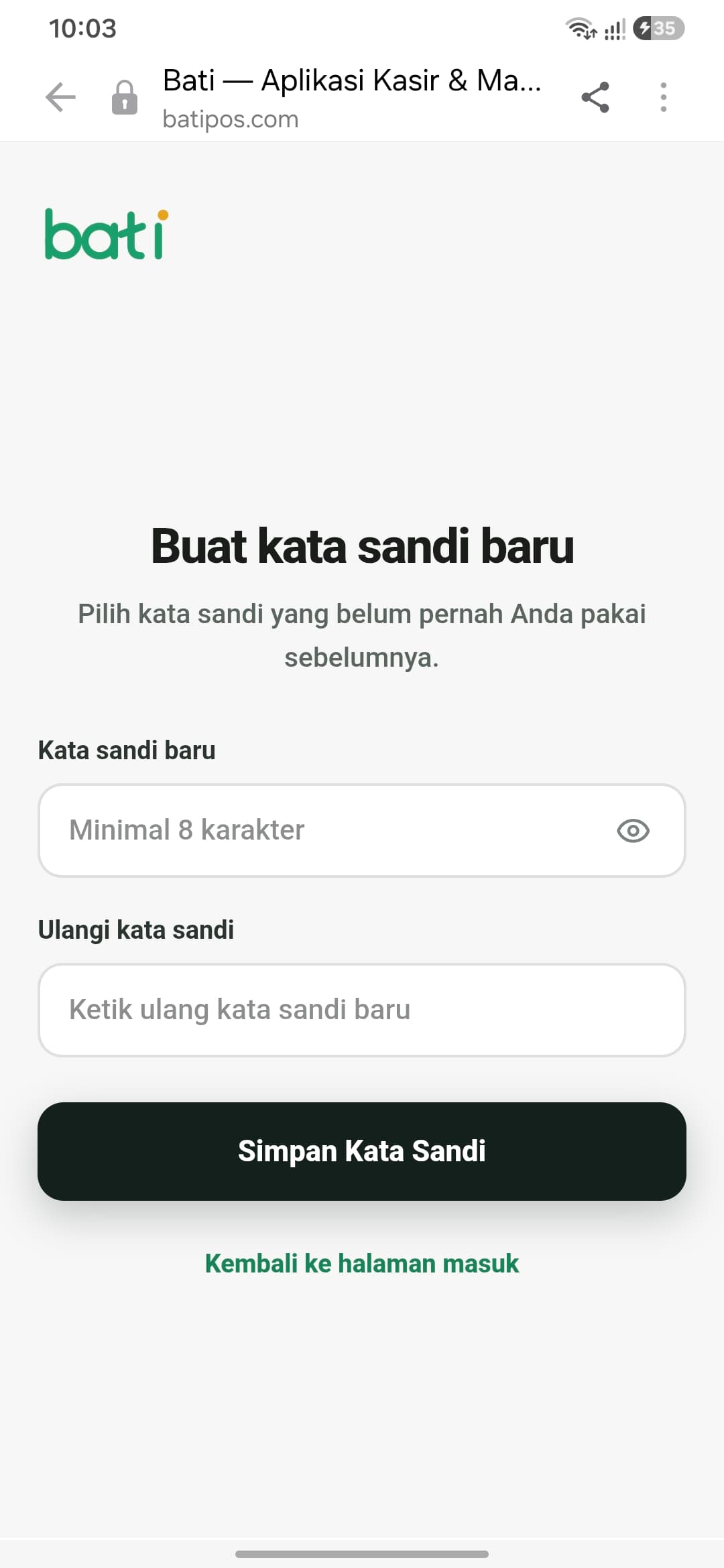 Layar buat kata sandi baru Bati: form kata sandi baru dan ulang kata sandi