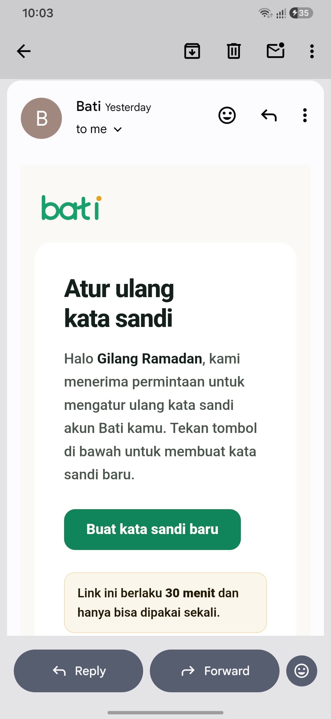 Email berisi link reset kata sandi Bati