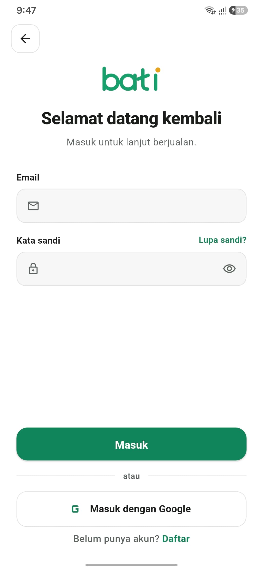 Layar masuk Bati: form email dan kata sandi