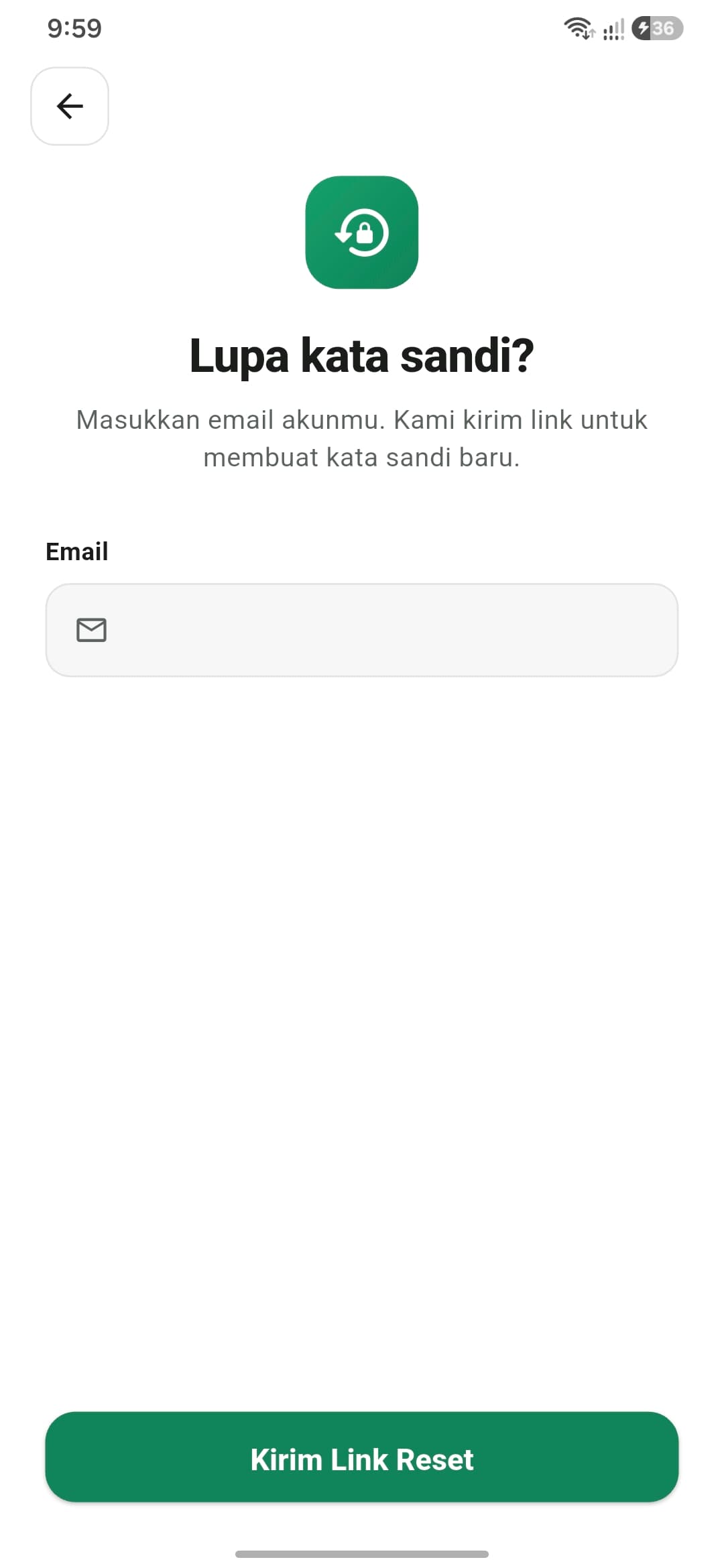 Layar lupa kata sandi Bati: form email dan tombol kirim link reset