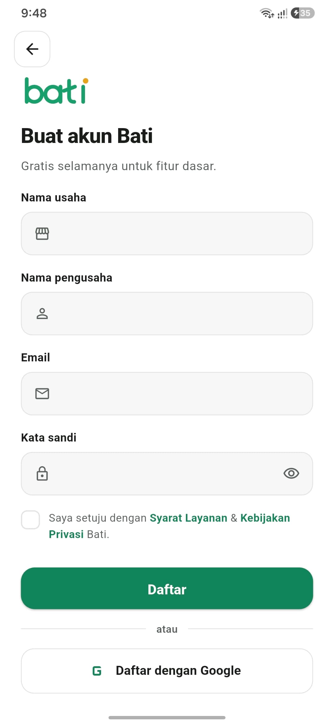 Layar daftar akun Bati: form nama usaha, nama pengusaha, email, dan kata sandi